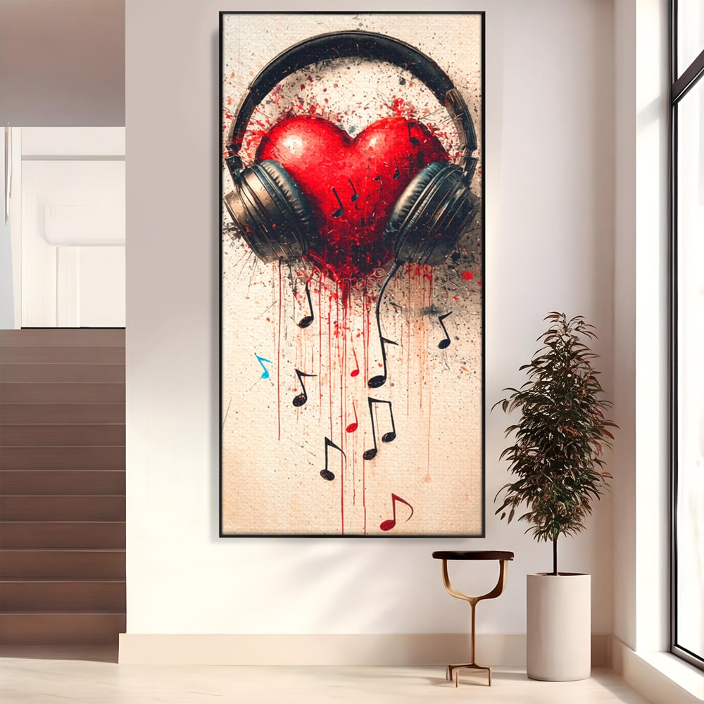 Tablou canvas cu tablou canvas cu inima rosie si casti audio, in rama de aluminiu negru